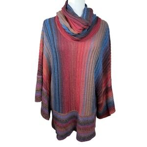 Dor Dor Couture M Striped Knit Cowl Neck Sweater Poncho Boho Artsy Dolman Sleeve